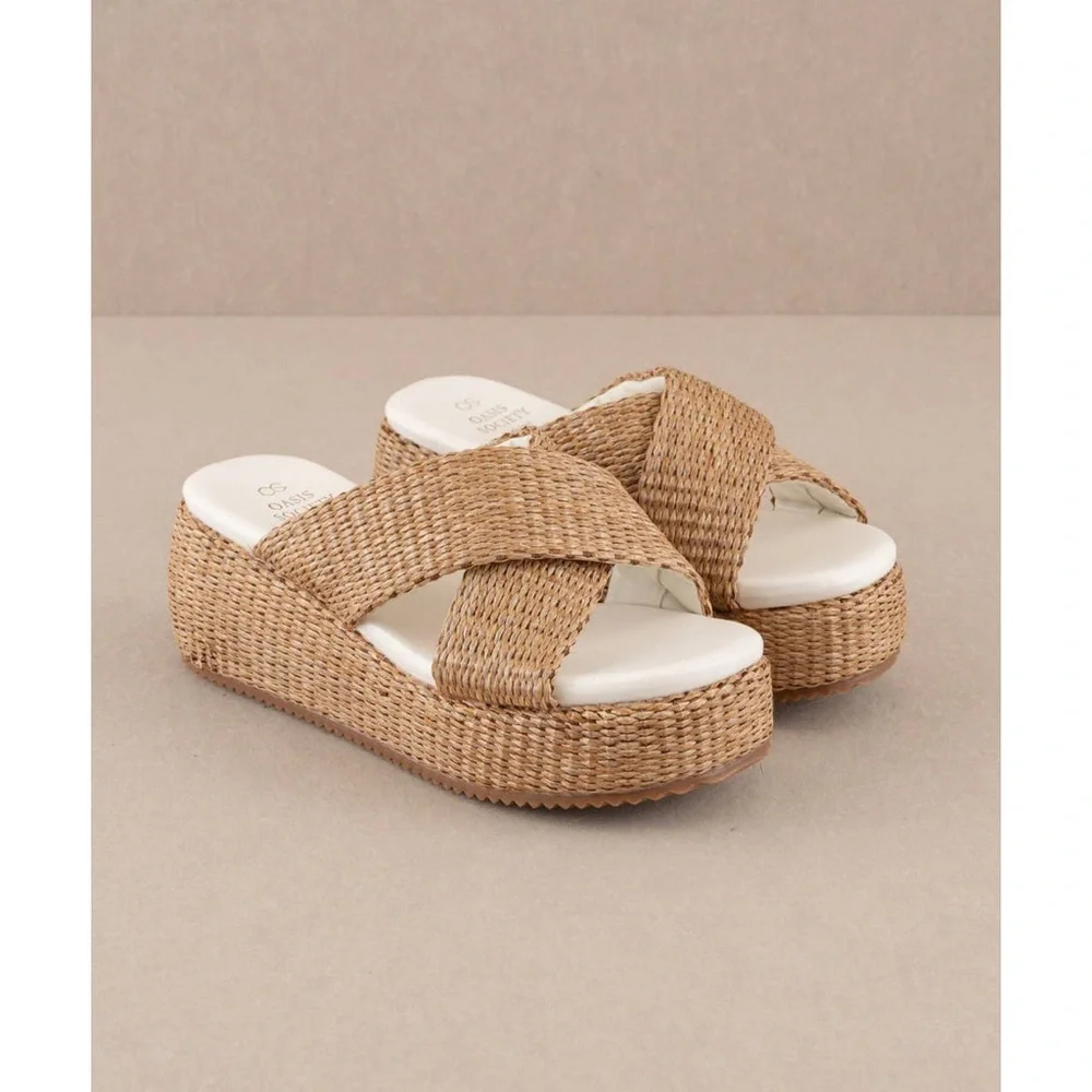 Oasis society, Tan and White Wedge Shoes with Criss-Cross Straps